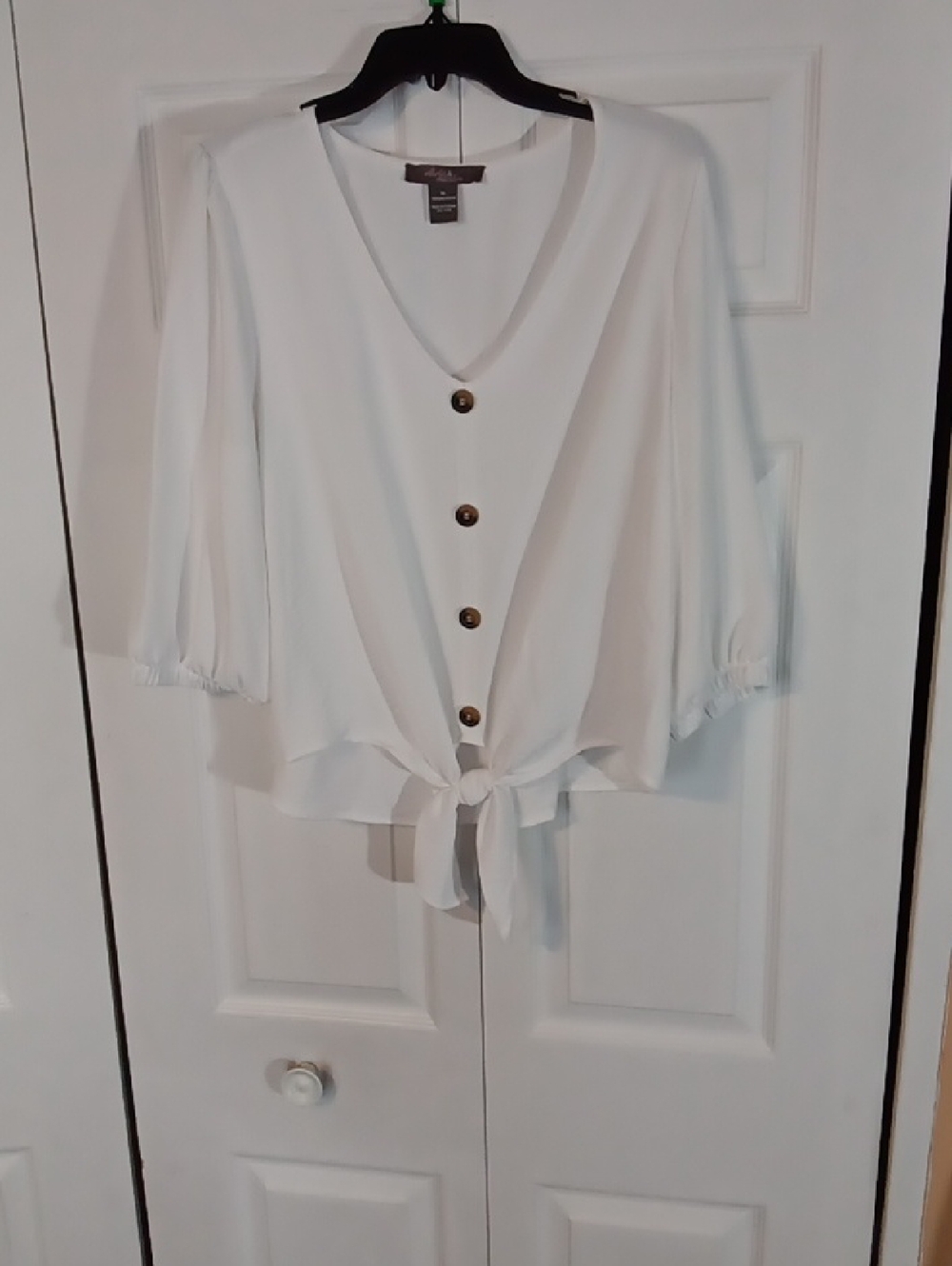 V-Neck Tie-Front Blouse with Button Detail - White